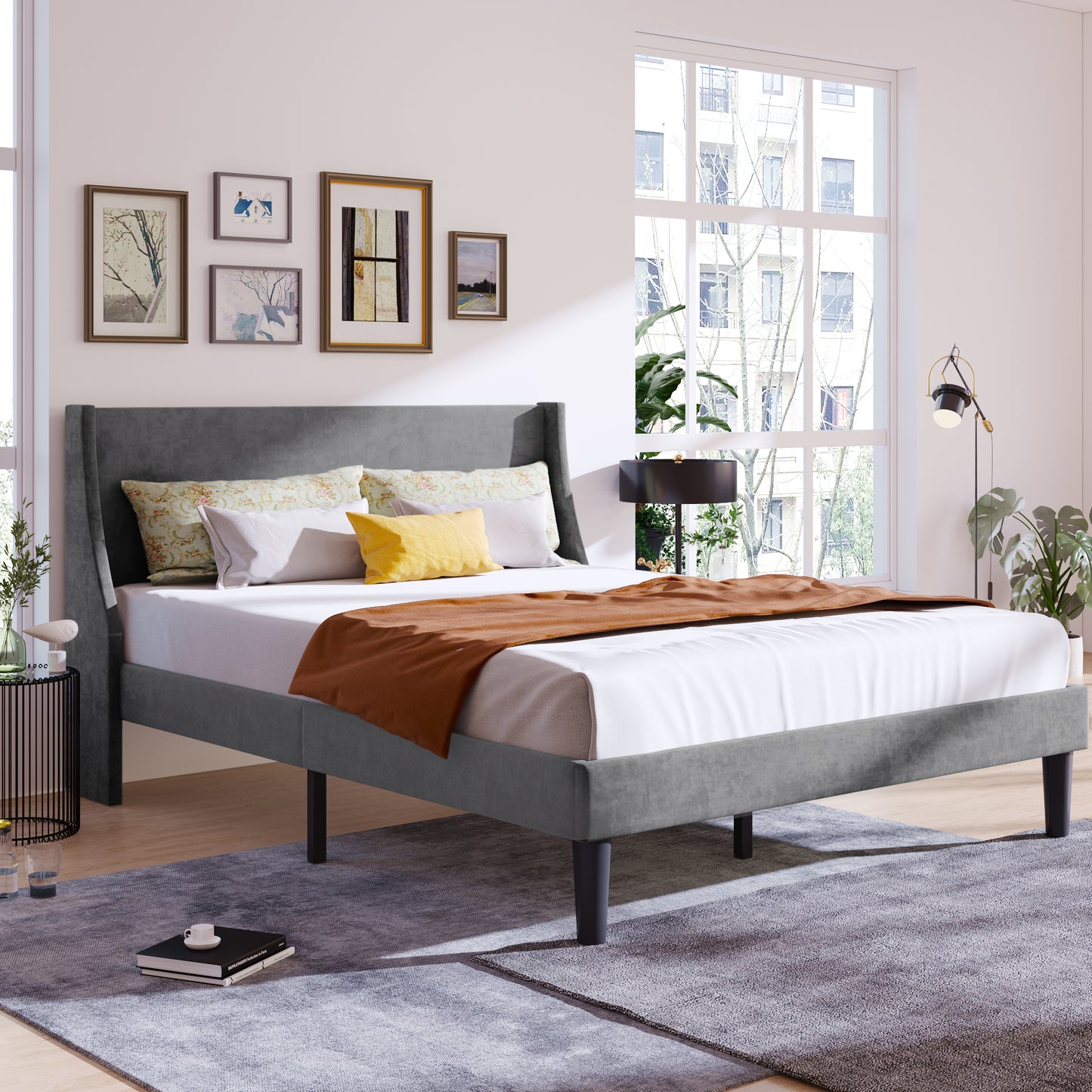 Grey Velvet Winged Headboard Double Bed Frame with Wood Slat Supports