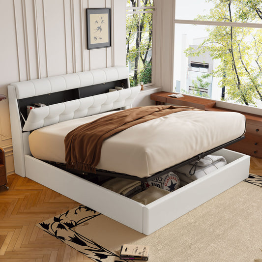 Faux Leather Ottoman King Size Bed with Headboard Storage in Ivory White