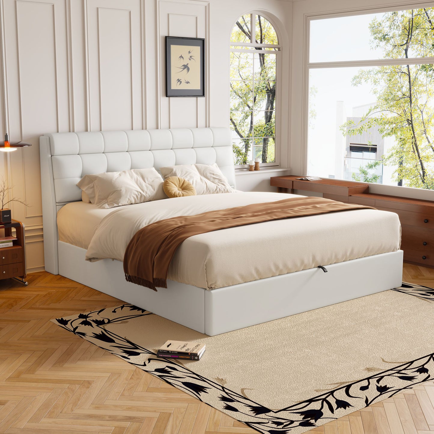Faux Leather Ottoman King Size Bed with Headboard Storage in Ivory White