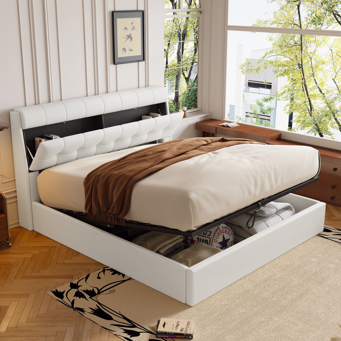 Faux Leather Ottoman Double Bed with Headboard storage in Ivory White