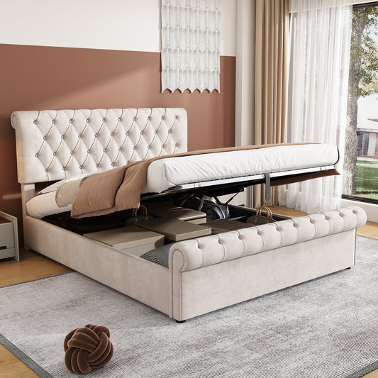 King Size Velvet Button-Tufted Ottoman Sleigh Bed in Neutral Beige