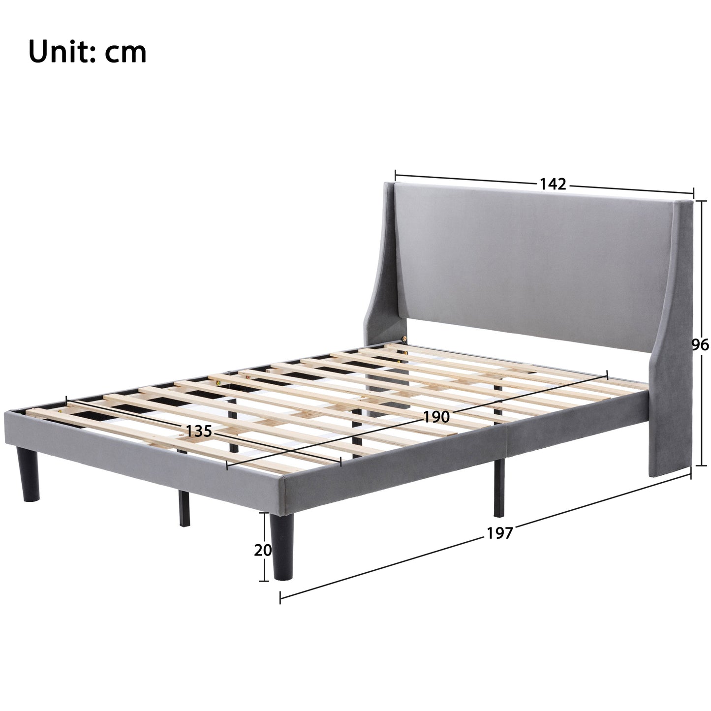 Grey Velvet Winged Headboard Double Bed Frame with Wood Slat Supports