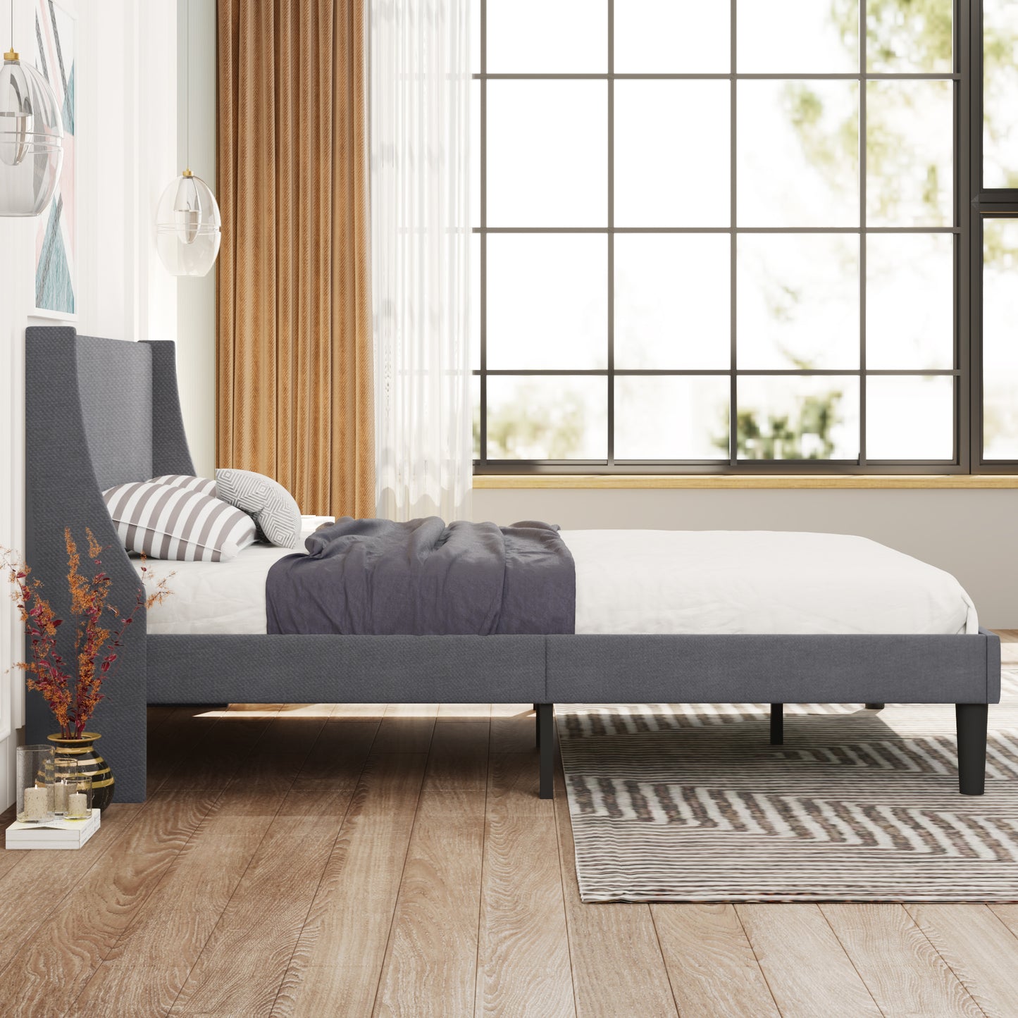 Grey Linen Winged Headboard Double Bed Frame with Wood Slat Supports