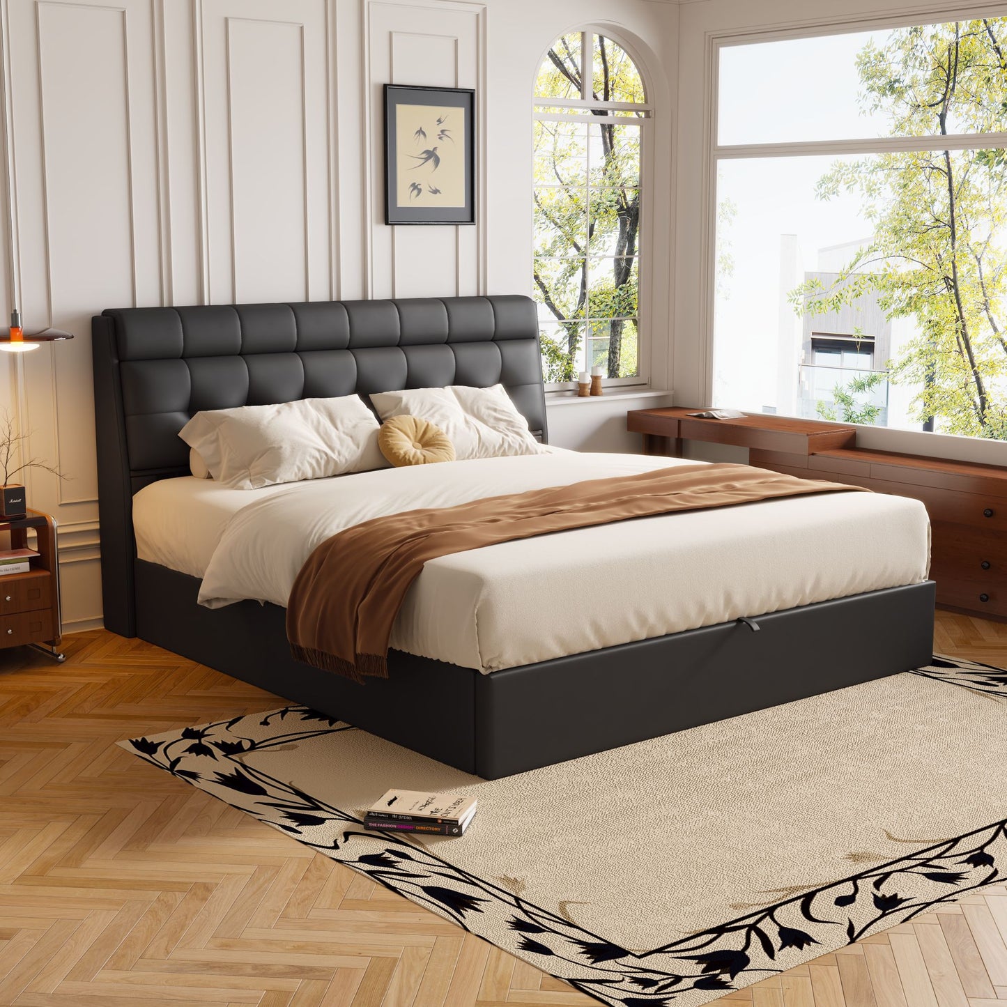 Faux Leather Ottoman King Size Bed with Headboard Storage in Black