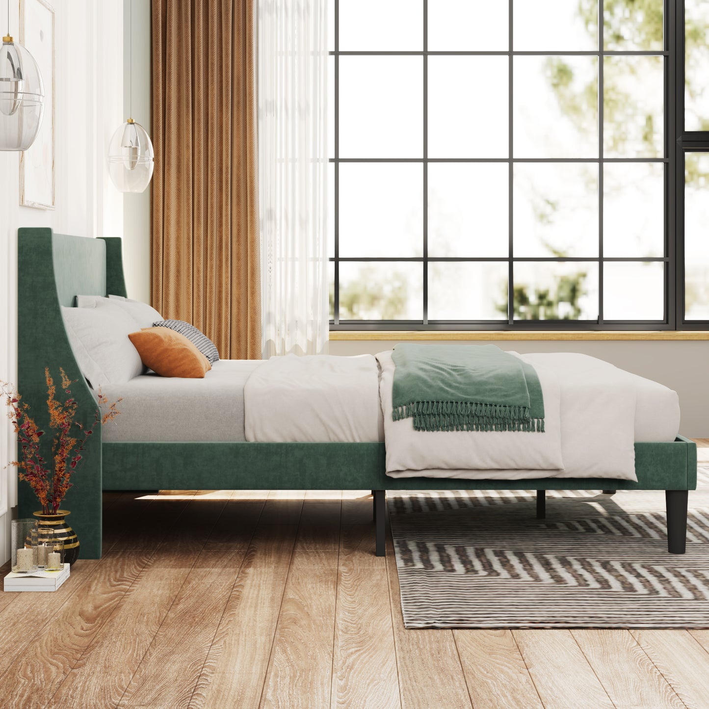 Green Velvet Winged Headboard Double Bed Frame with Wood Slat Supports