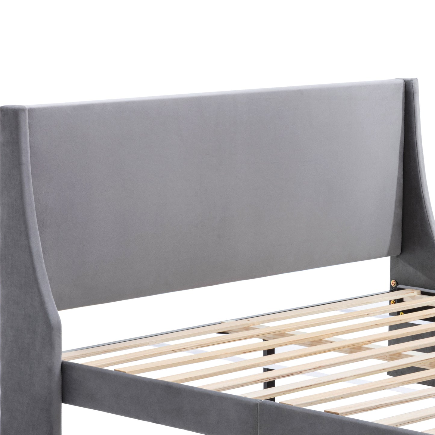 Grey Velvet Winged Headboard Double Bed Frame with Wood Slat Supports