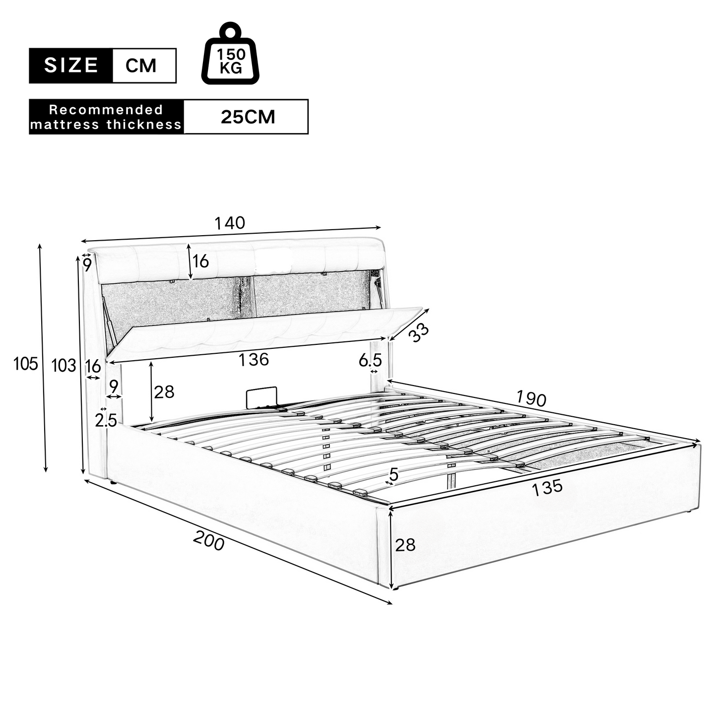 Faux Leather Ottoman Double Bed with Headboard storage in Ivory White