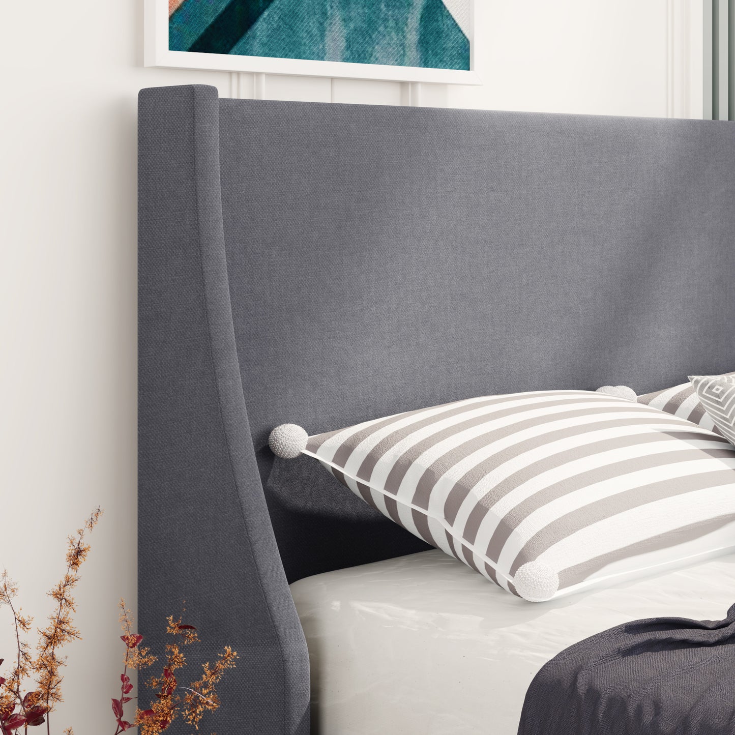 Grey Linen Winged Headboard Double Bed Frame with Wood Slat Supports