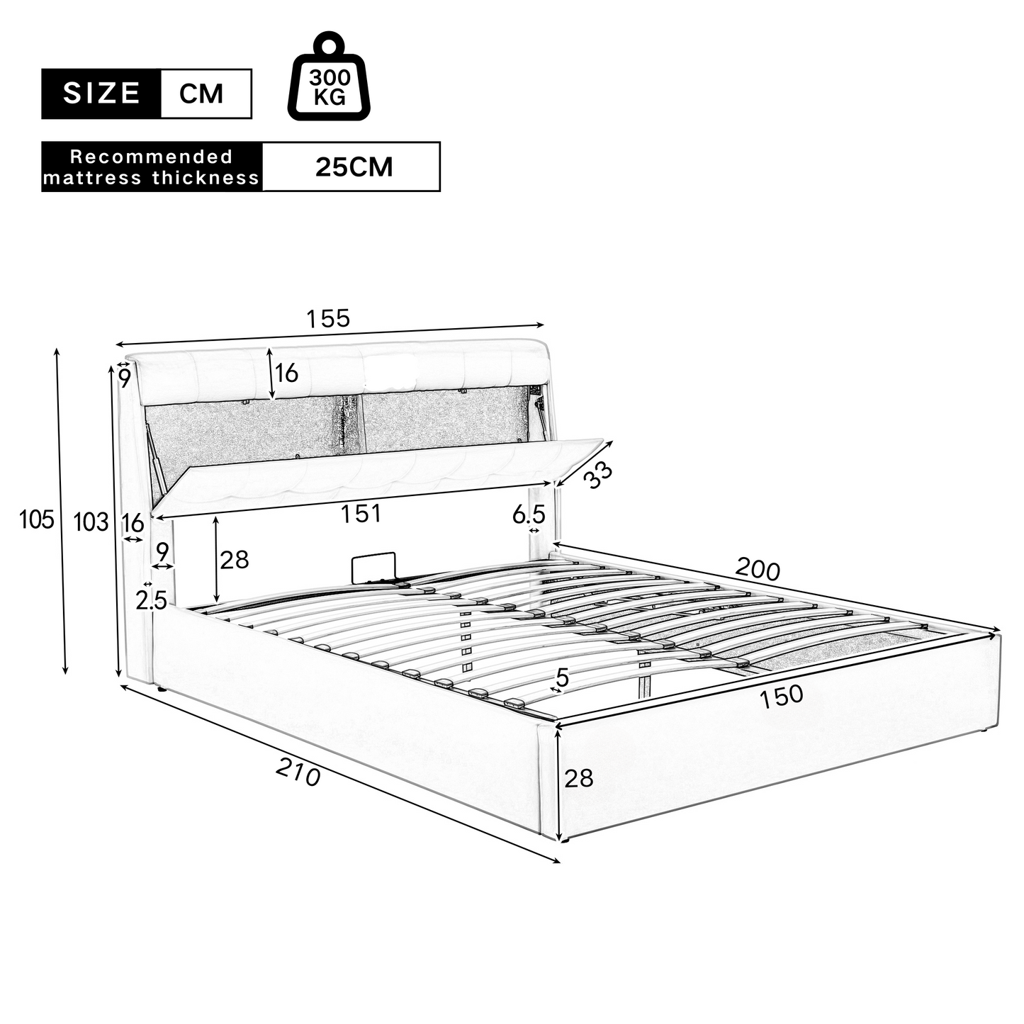 Faux Leather Ottoman King Size Bed with Headboard Storage in Black
