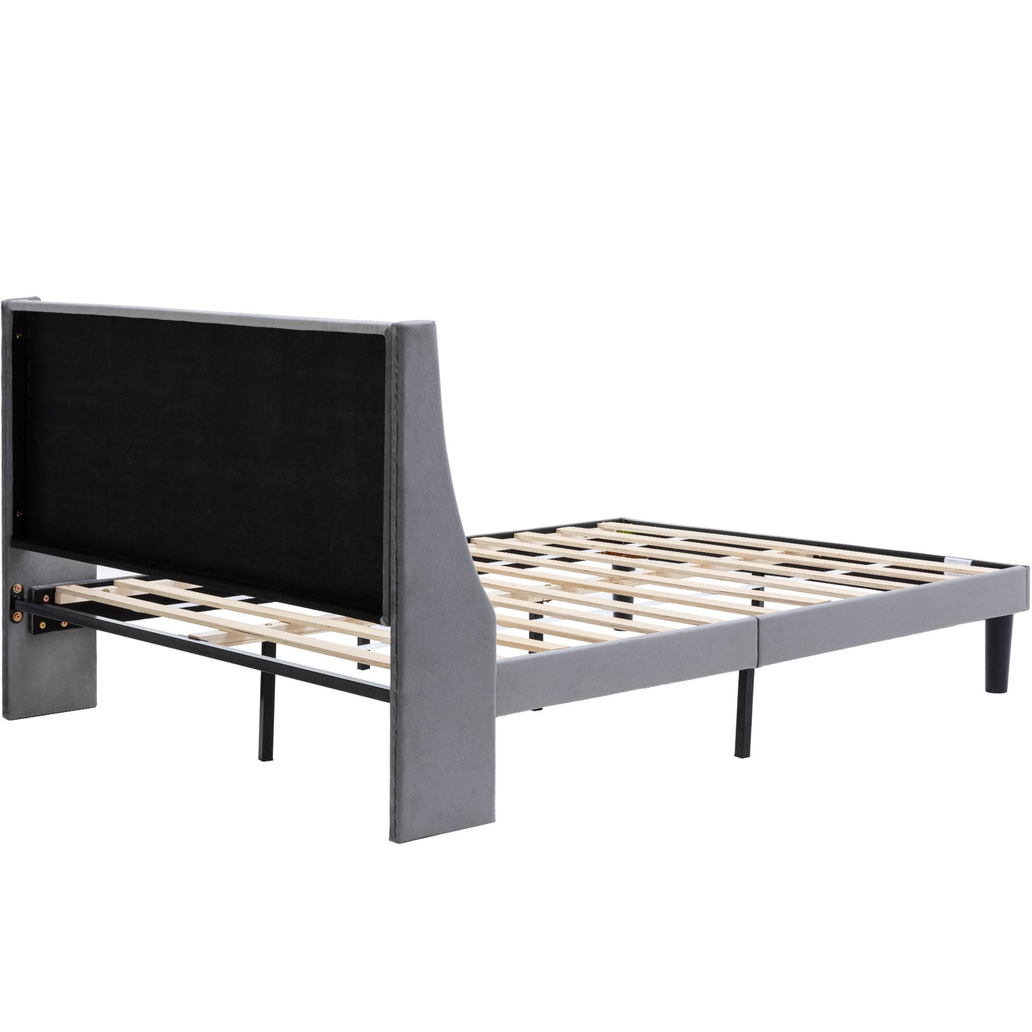 Grey Velvet Winged Headboard Double Bed Frame with Wood Slat Supports