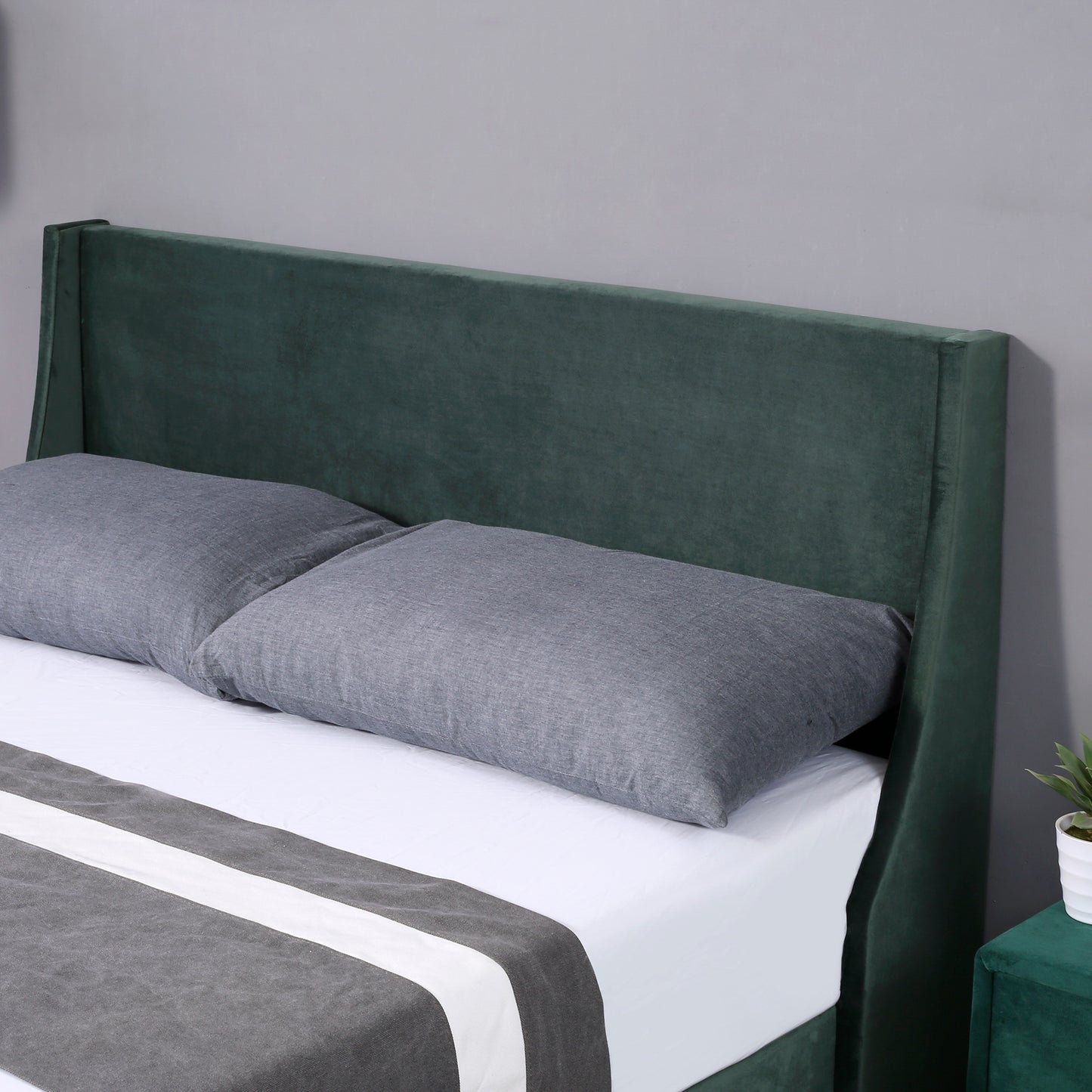 Green Velvet Winged Headboard Double Bed Frame with Wood Slat Supports