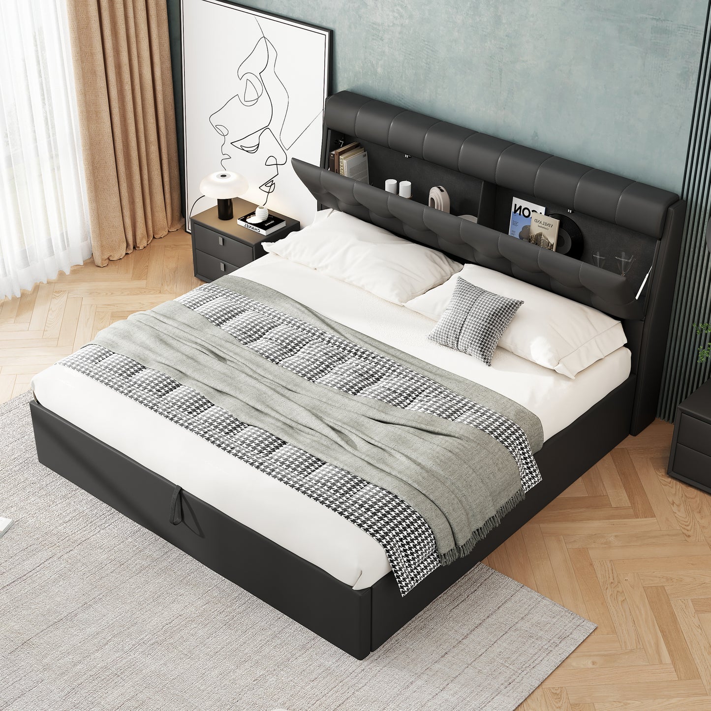 Faux Leather Ottoman King Size Bed with Headboard Storage in Black
