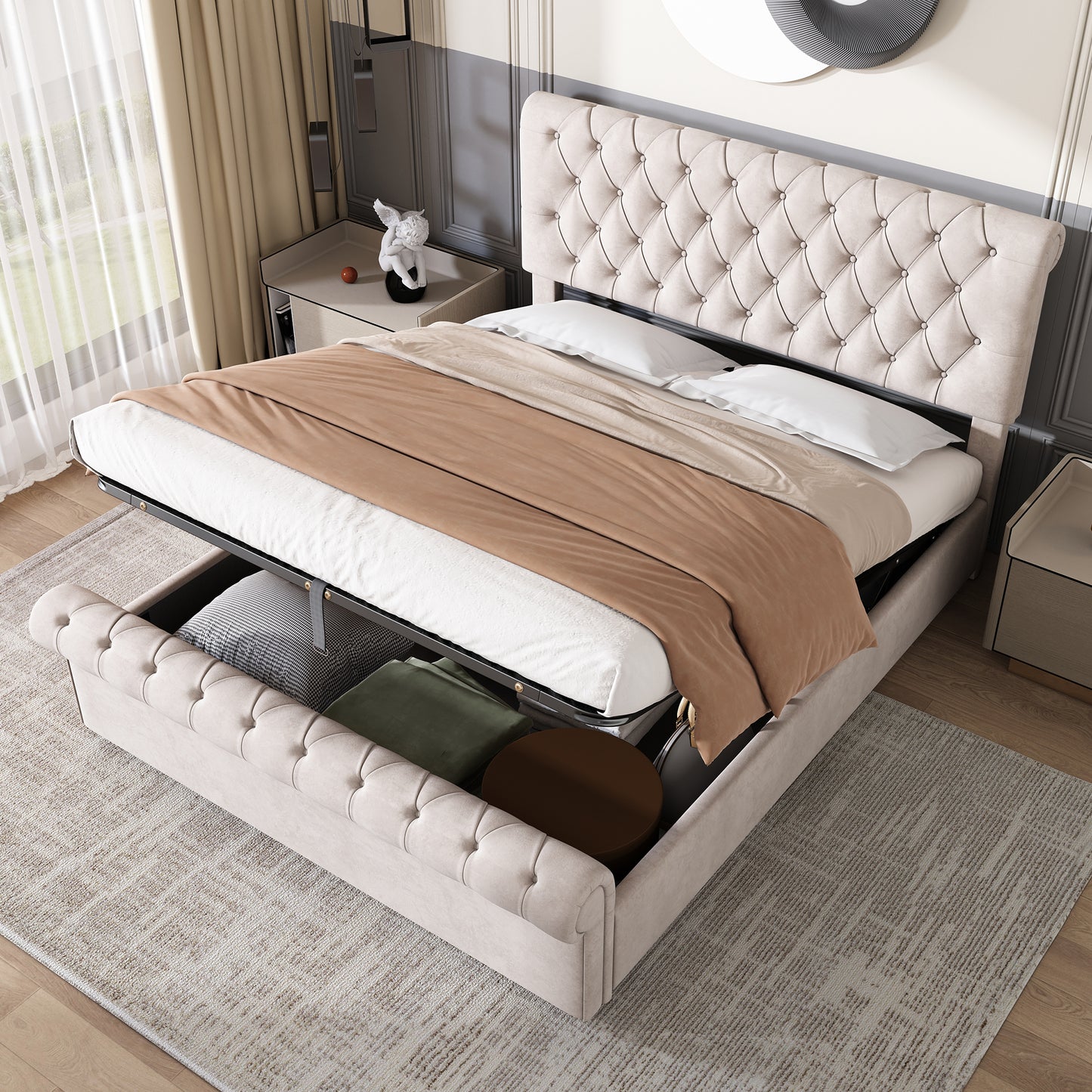 King Size Velvet Button-Tufted Ottoman Sleigh Bed in Neutral Beige