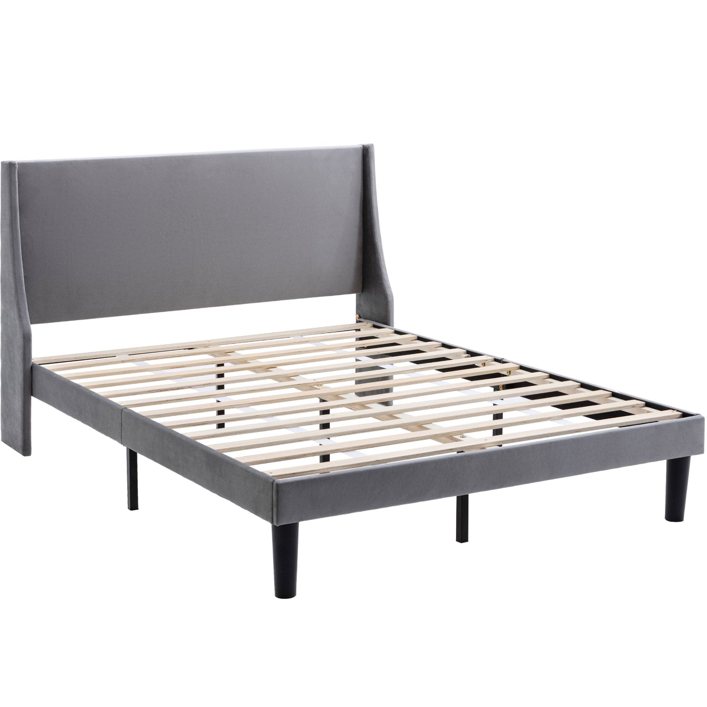 Grey Velvet Winged Headboard Double Bed Frame with Wood Slat Supports