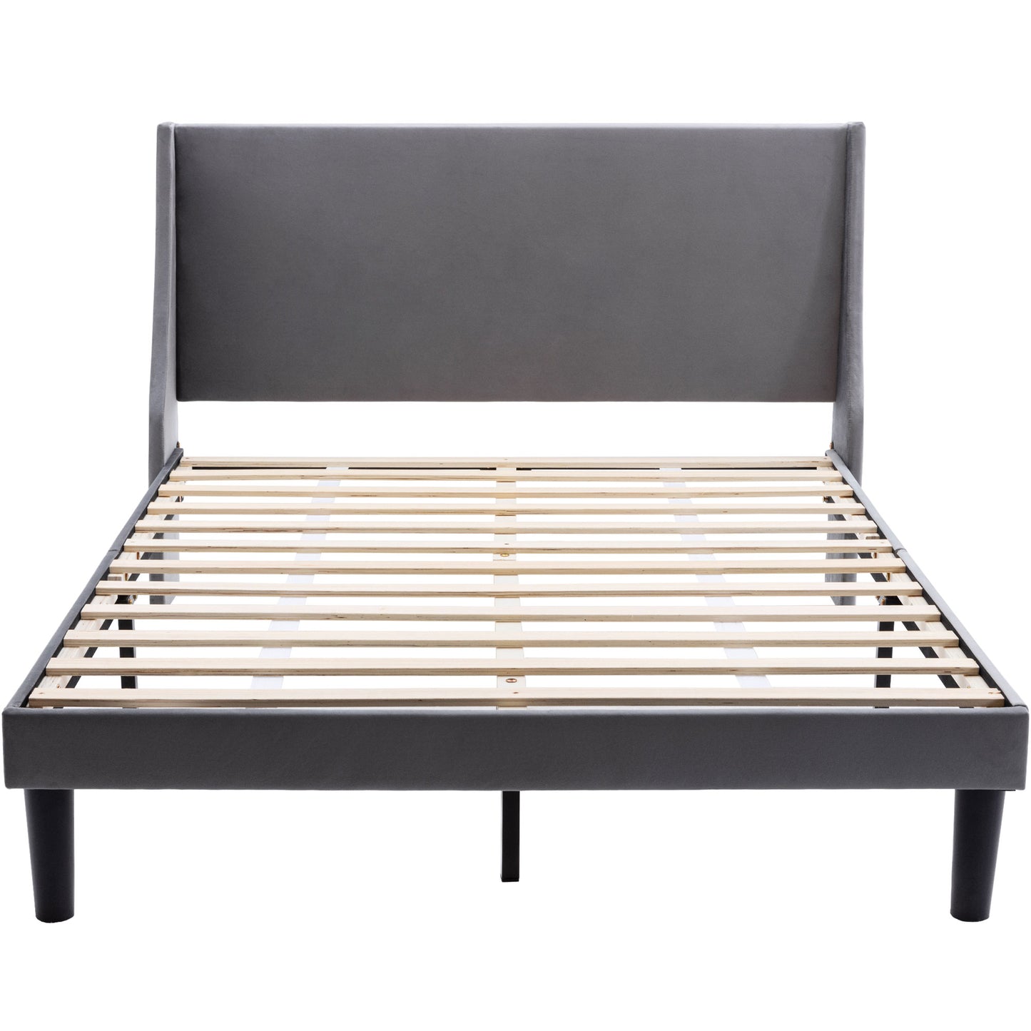 Grey Velvet Winged Headboard Double Bed Frame with Wood Slat Supports