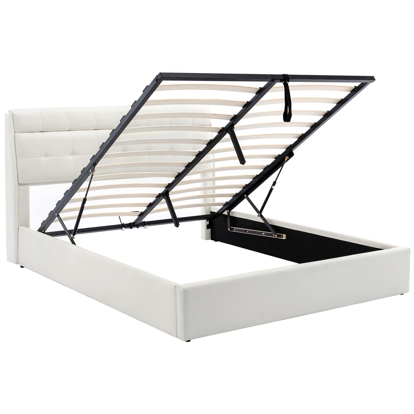 Faux Leather Ottoman Double Bed with Headboard storage in Ivory White