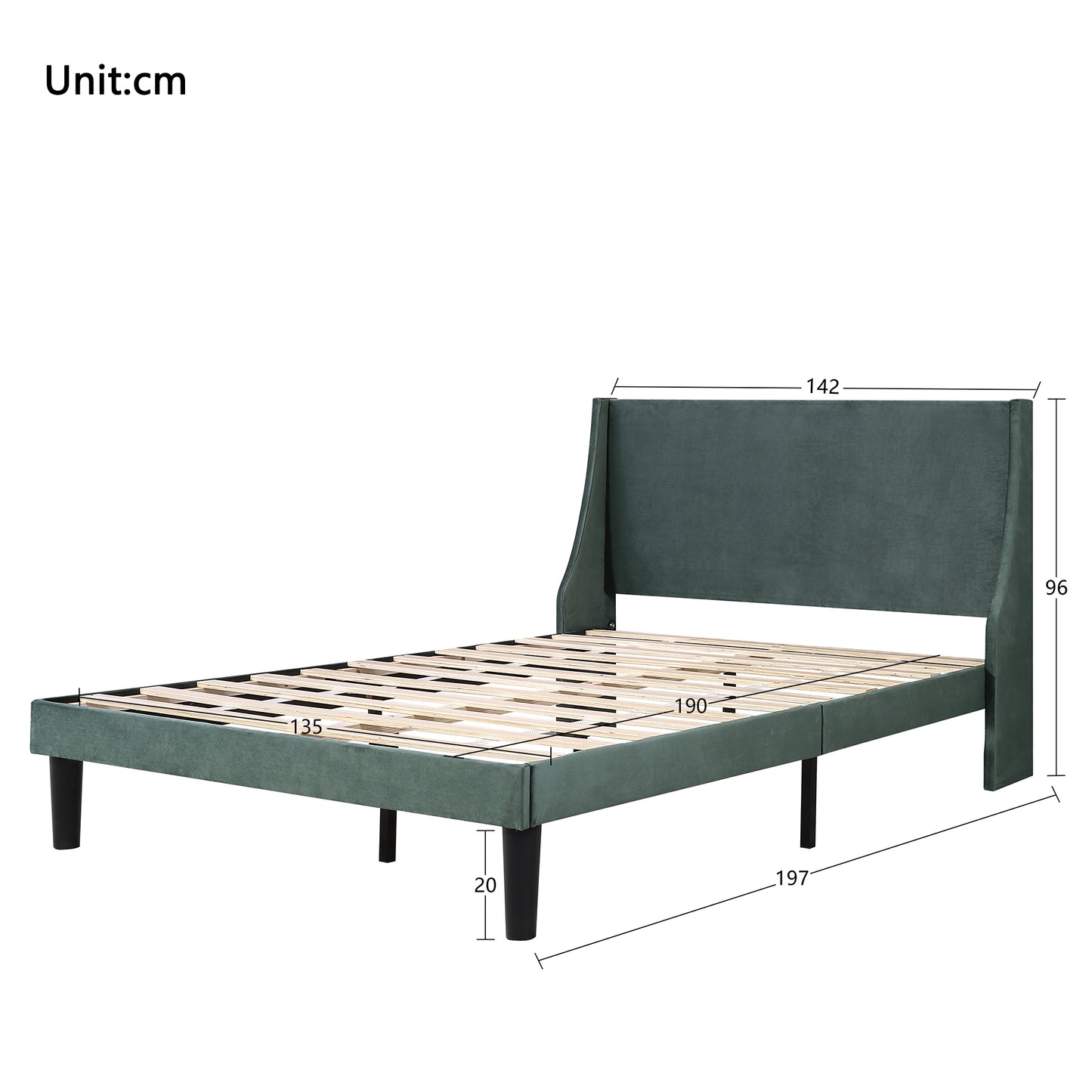 Green Velvet Winged Headboard Double Bed Frame with Wood Slat Supports