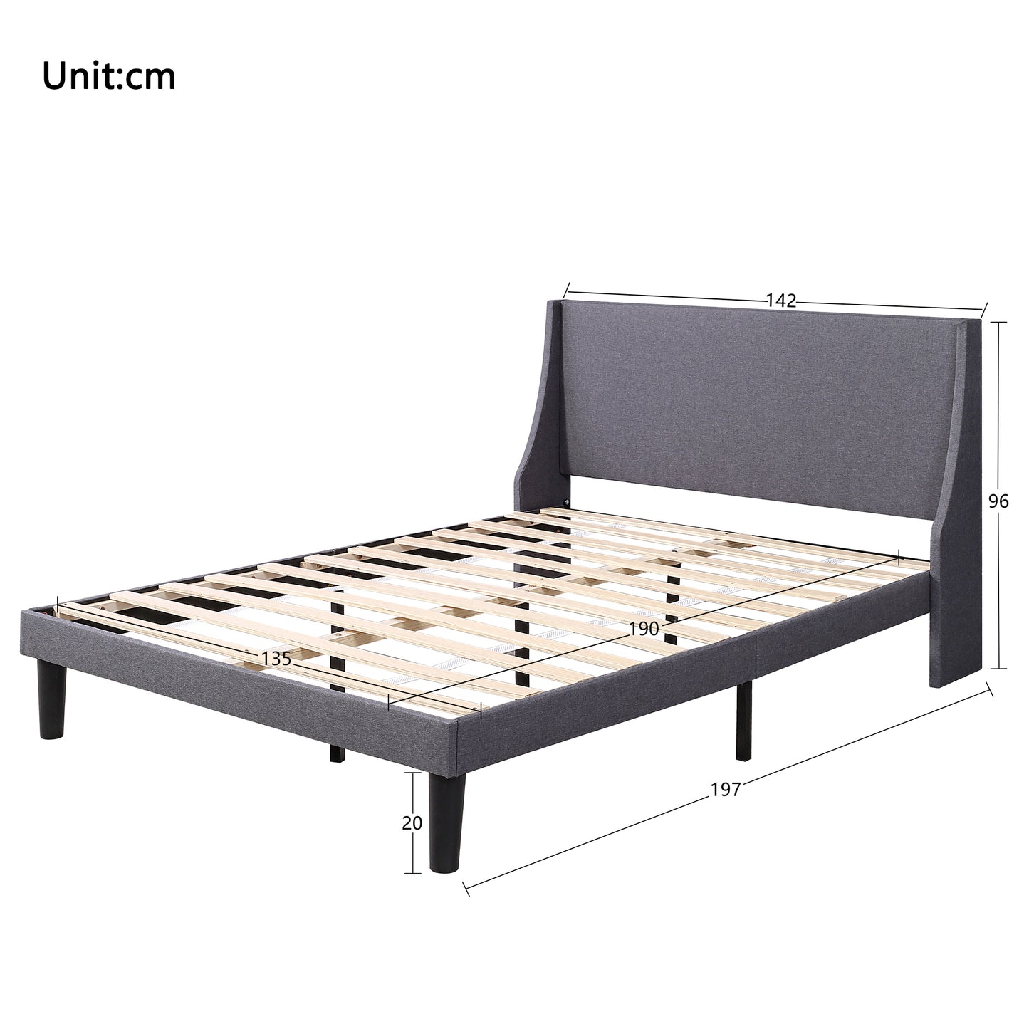 Grey Linen Winged Headboard Double Bed Frame with Wood Slat Supports