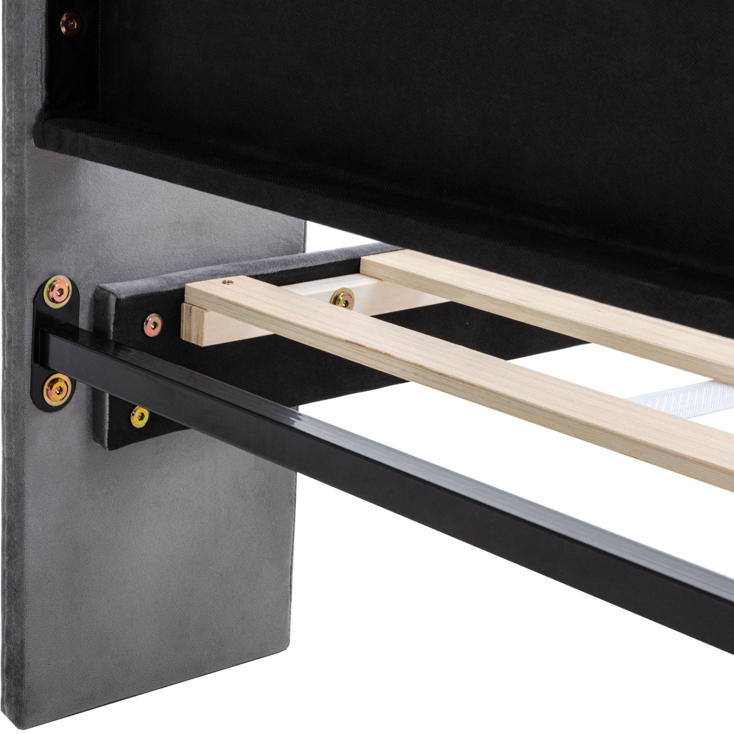 Grey Velvet Winged Headboard Double Bed Frame with Wood Slat Supports