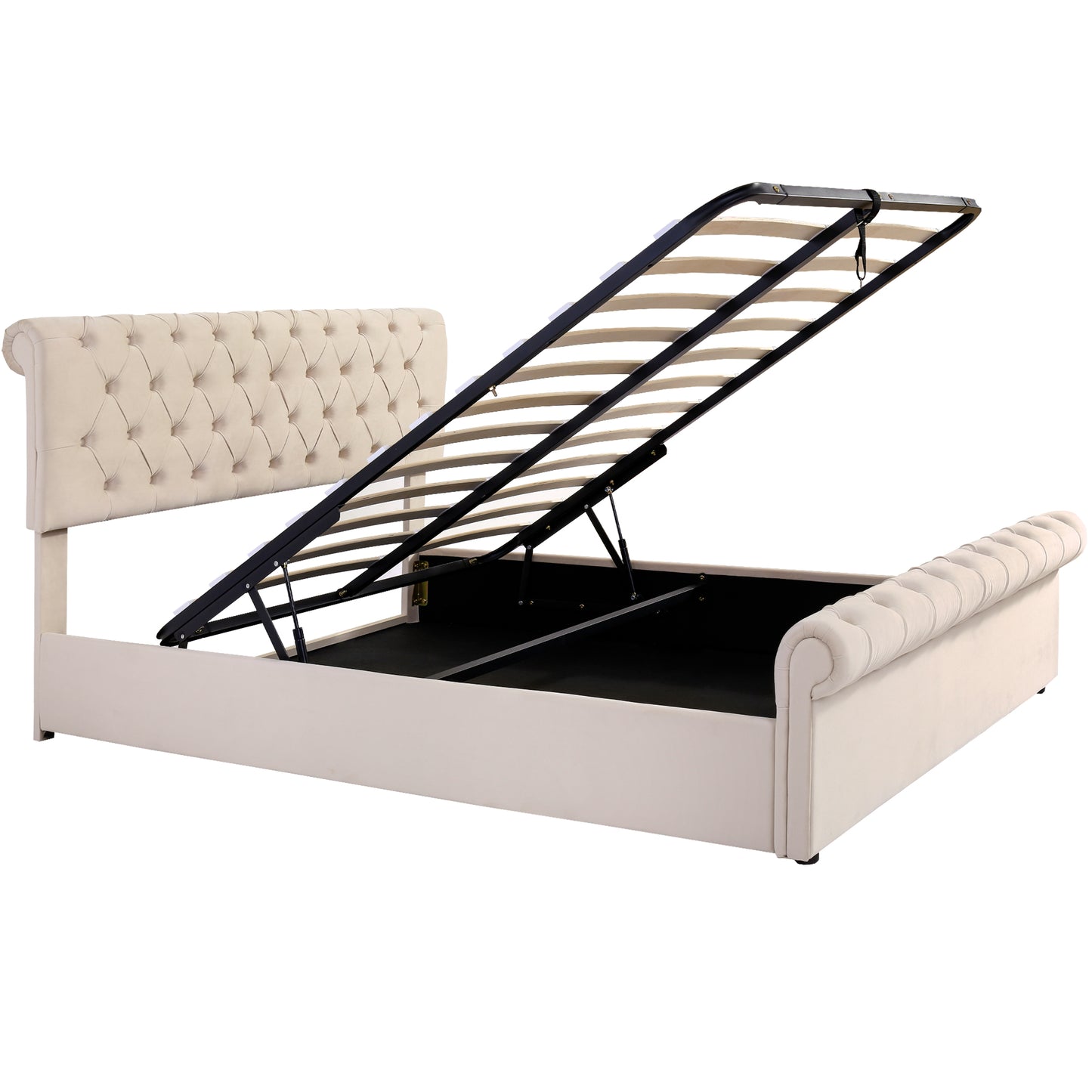 King Size Velvet Button-Tufted Ottoman Sleigh Bed in Neutral Beige