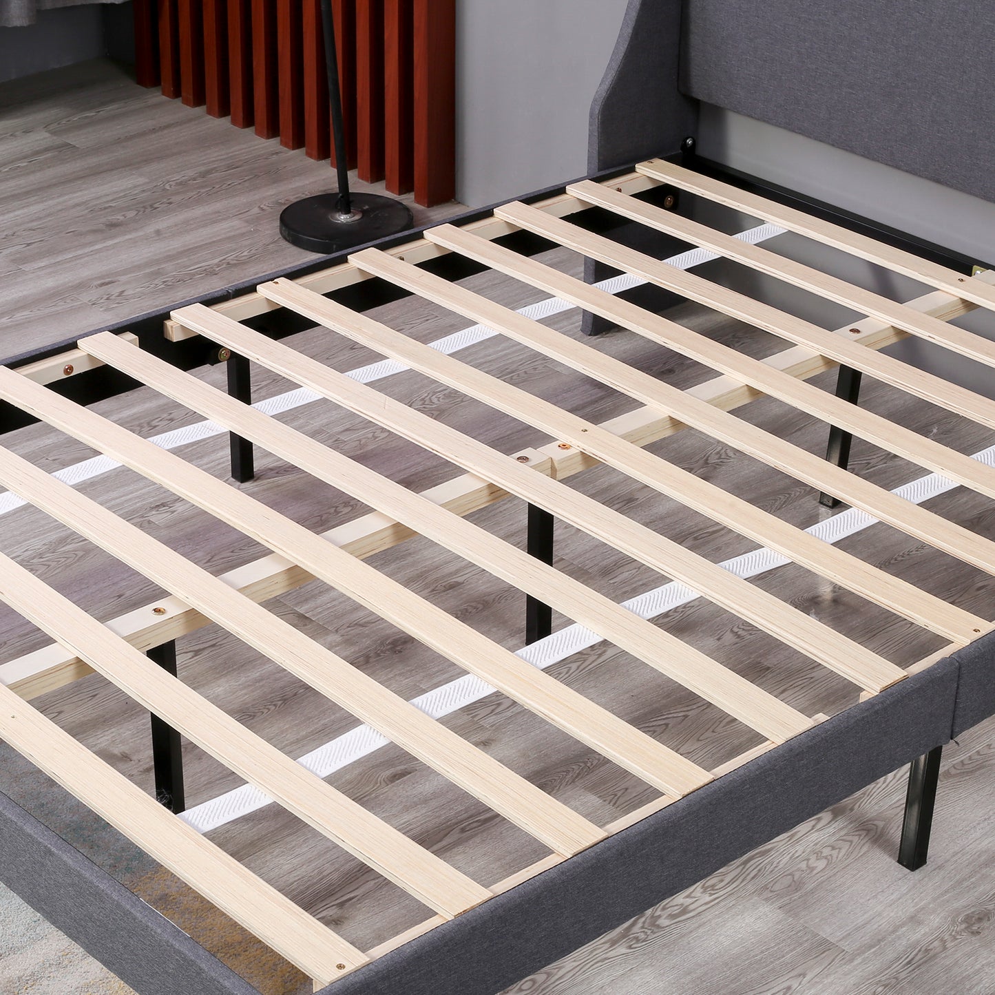 Grey Linen Winged Headboard Double Bed Frame with Wood Slat Supports