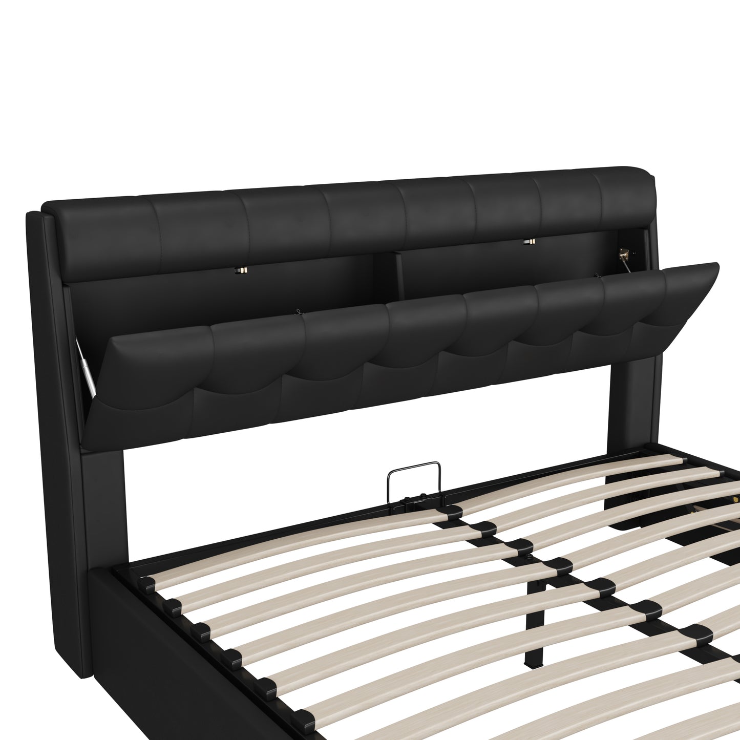 Faux Leather Ottoman King Size Bed with Headboard Storage in Black