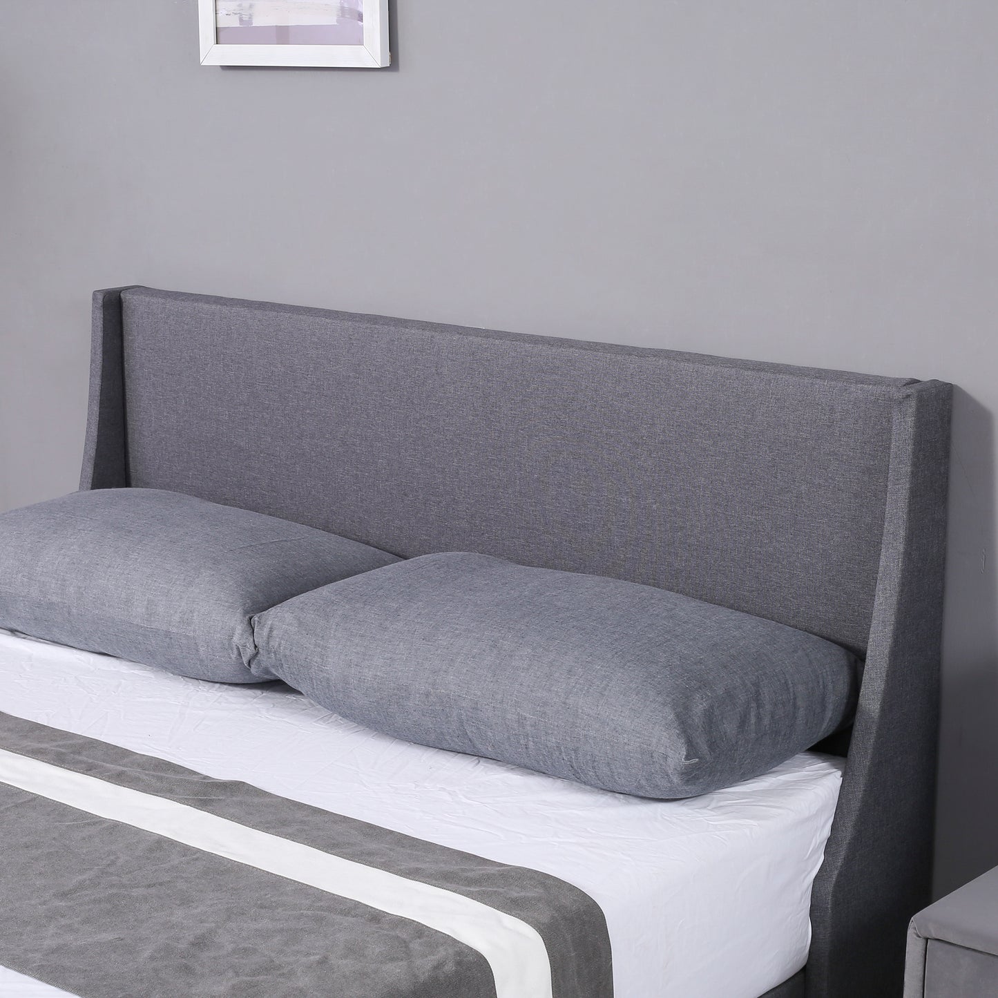 Grey Linen Winged Headboard Double Bed Frame with Wood Slat Supports