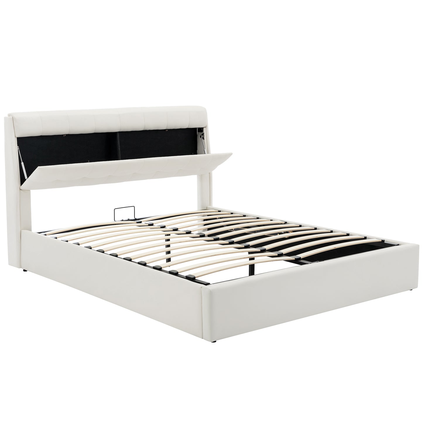 Faux Leather Ottoman King Size Bed with Headboard Storage in Ivory White