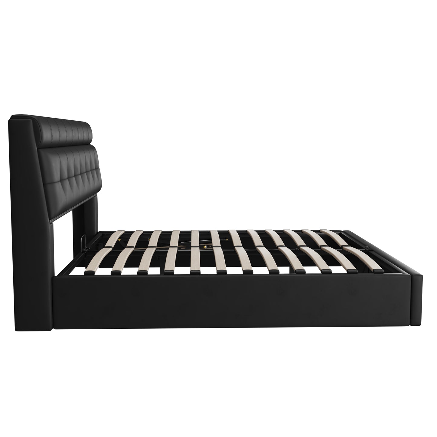 Faux Leather Ottoman King Size Bed with Headboard Storage in Black