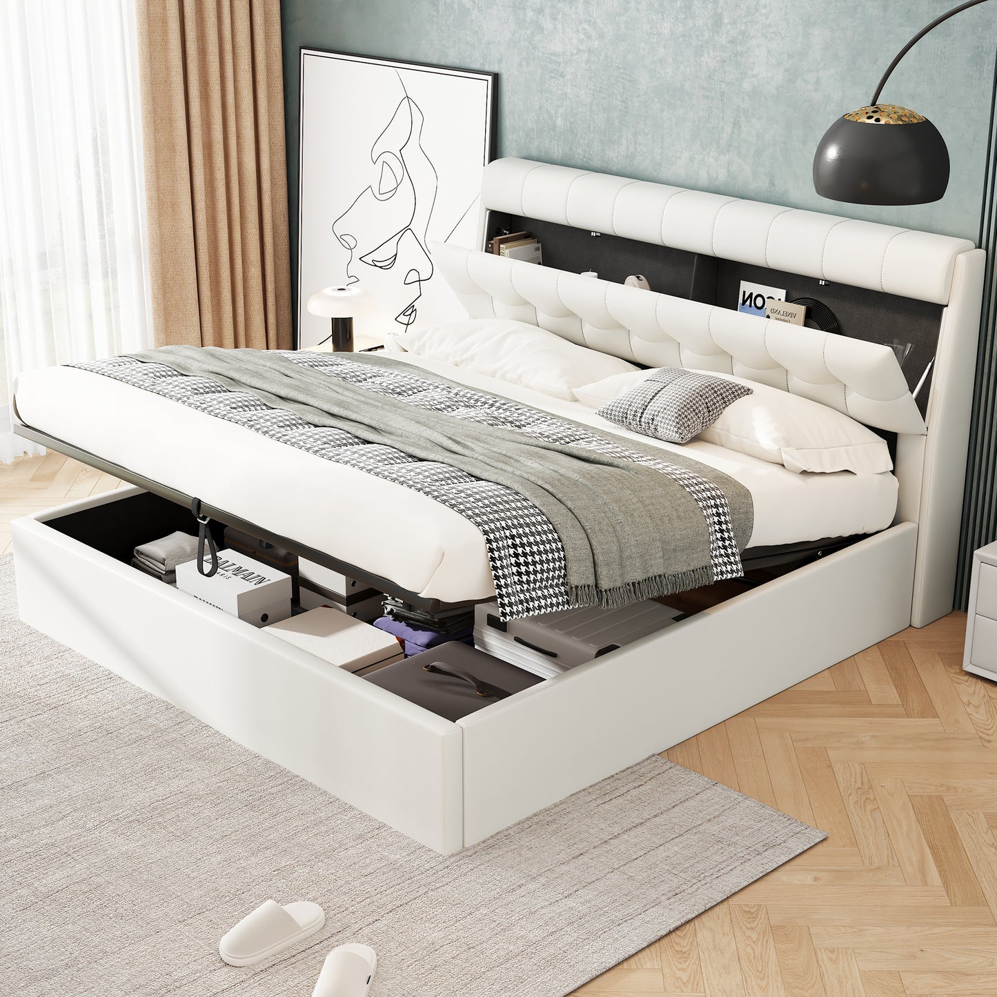 Faux Leather Ottoman King Size Bed with Headboard Storage in Ivory White