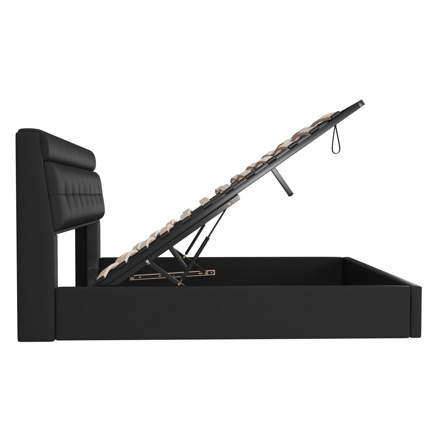 Faux Leather Ottoman King Size Bed with Headboard Storage in Black