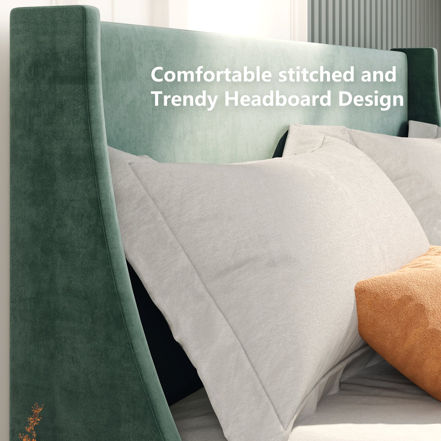 Green Velvet Winged Headboard Double Bed Frame with Wood Slat Supports