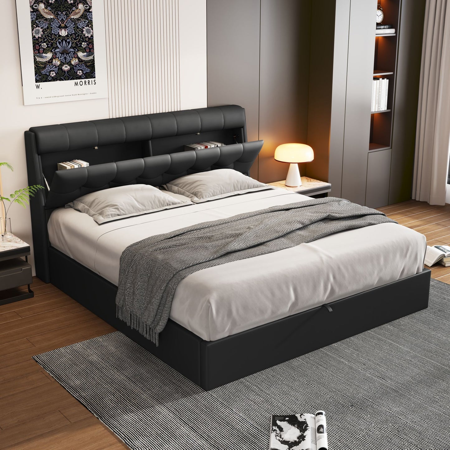 Faux Leather Ottoman Double Bed with Headboard storage in Black