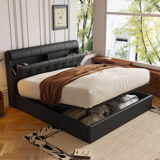 Faux Leather Ottoman Double Bed with Headboard storage in Black
