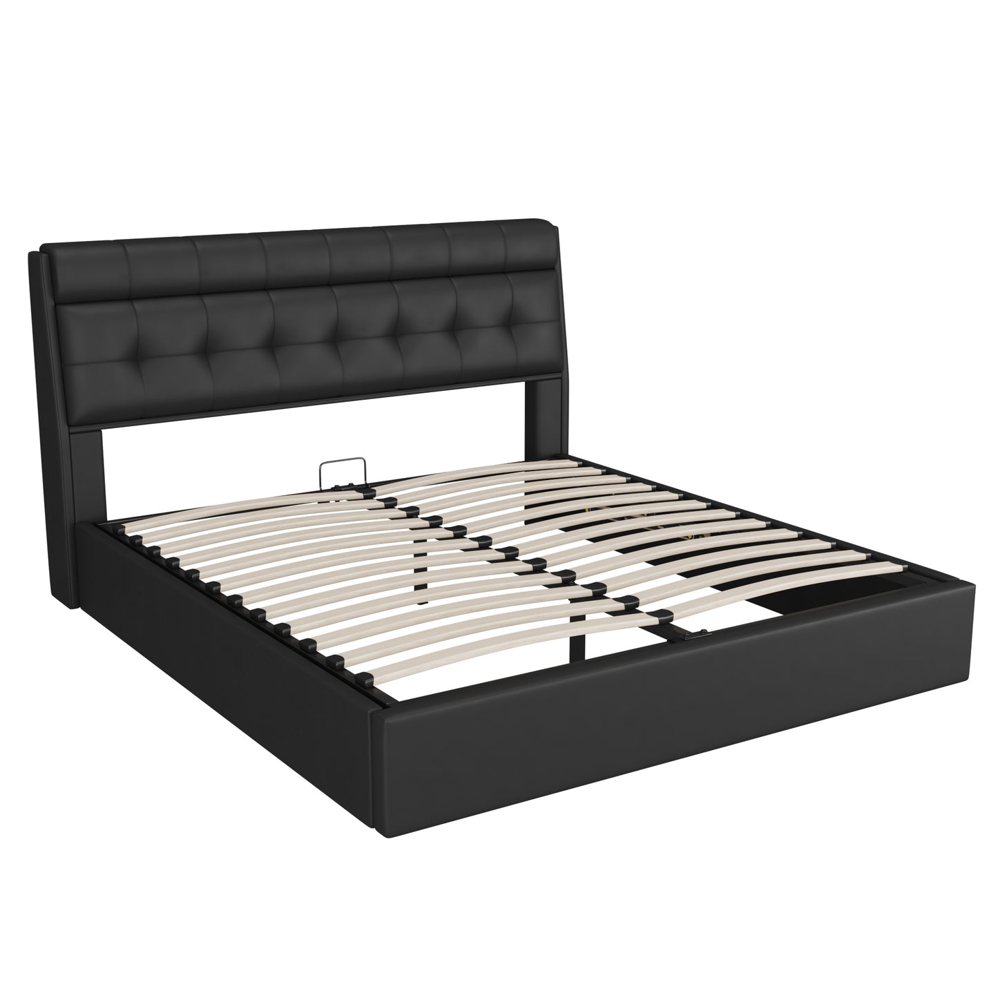 Faux Leather Ottoman Double Bed with Headboard storage in Black