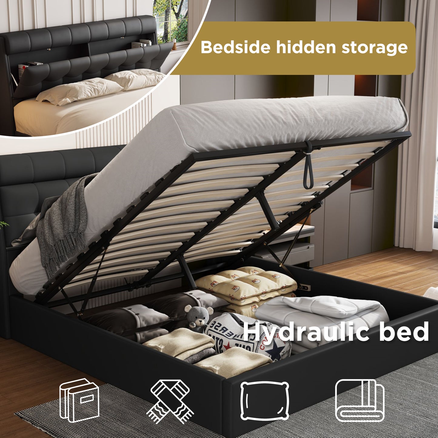 Faux Leather Ottoman Double Bed with Headboard storage in Black