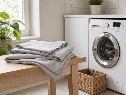 Folded grey bamboo sateen sheets beside a washing machine in a British utility room
