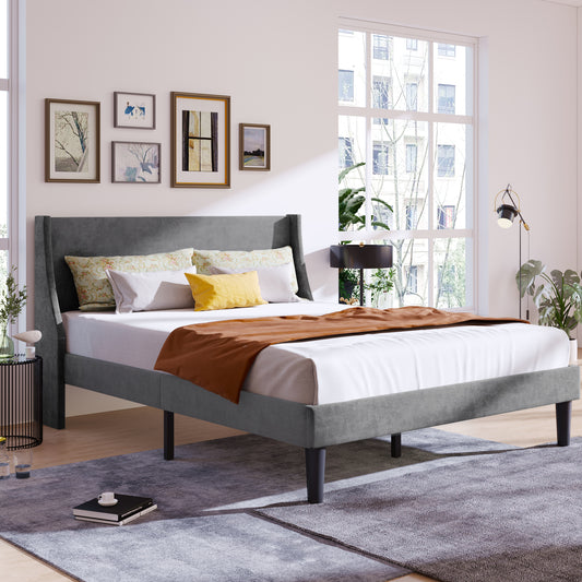 Grey Velvet Winged Headboard Double Bed Frame with Wood Slat Supports