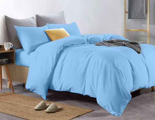 100% Pure Cotton Duvet Cover Bed Set in Plain Light Blue – Contains Egyptian Cotton Fibres