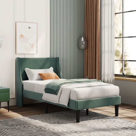 Single Bed Velvet Dark Green Upholstered Bed with Winged Headboard and Wood Slat Supports