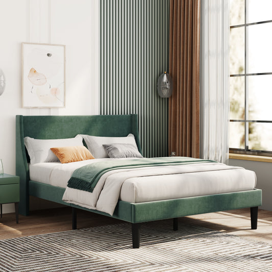 Green Velvet Winged Headboard Double Bed Frame with Wood Slat Supports