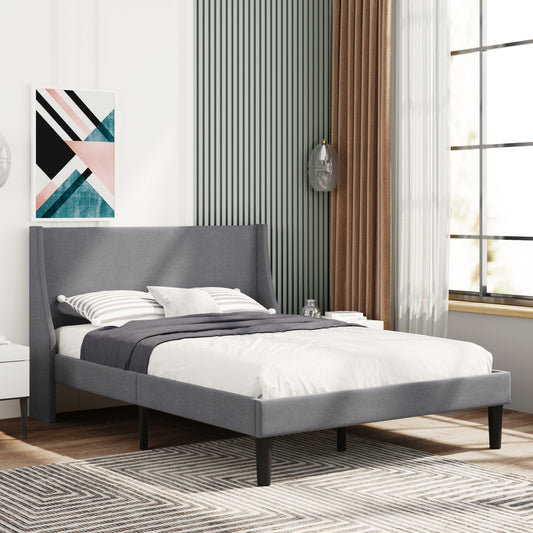 Grey Linen Winged Headboard Double Bed Frame with Wood Slat Supports