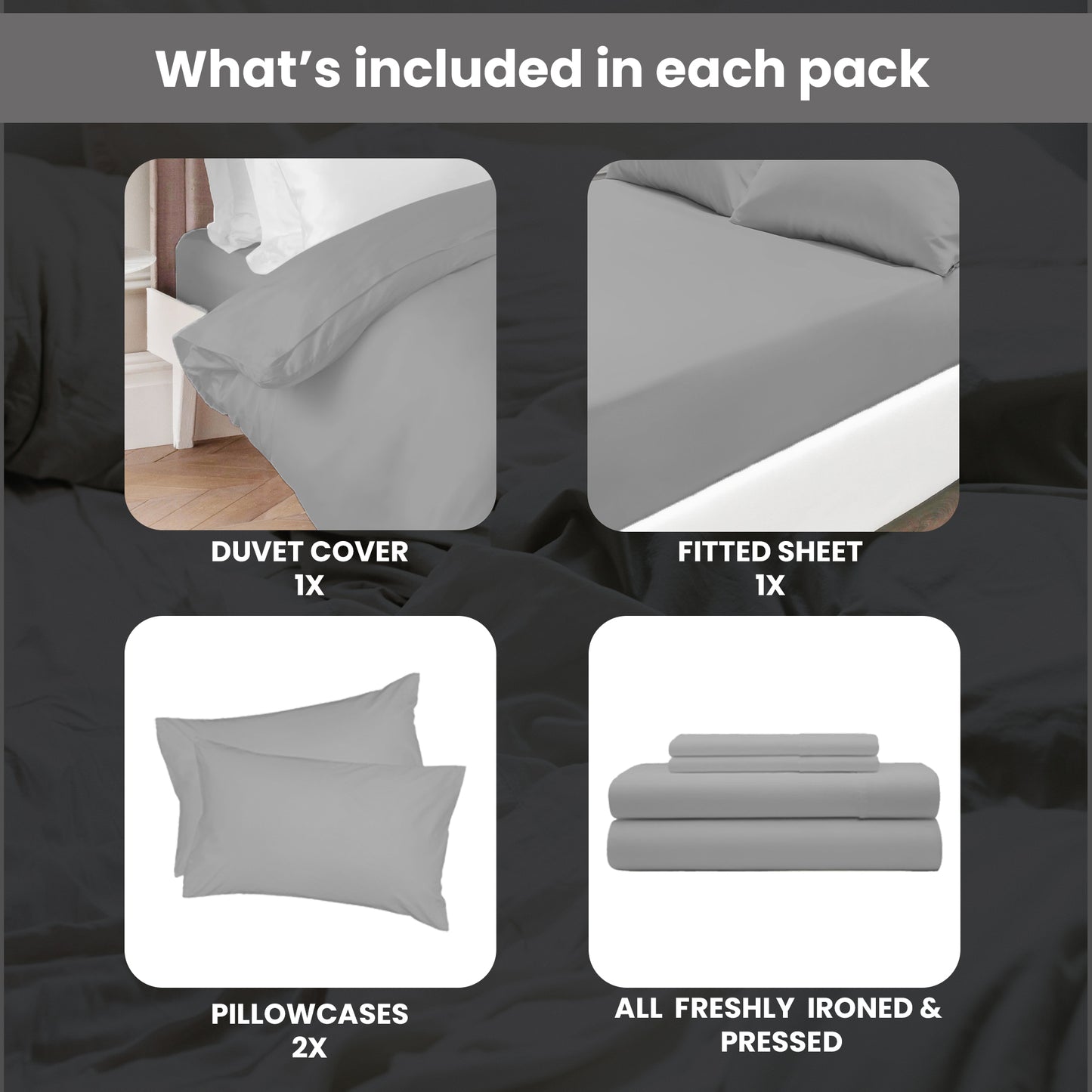 Pure Egyptian Cotton Duvet Cover Bed Set in Plain Grey